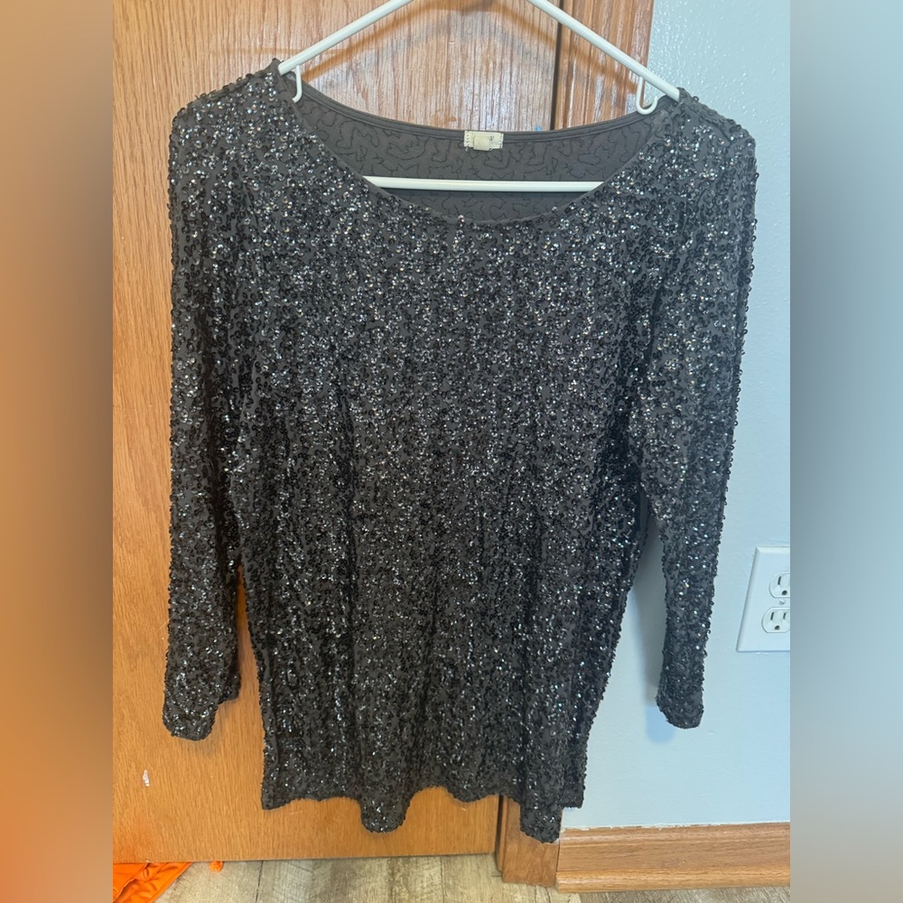 J Crew MEDIUM long sleeve black sequin top, crew neck